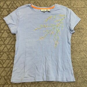 IZOD Women's‎ Blue Floral Embroidered beaded Short Sleeve Cotton T-Shirt Top